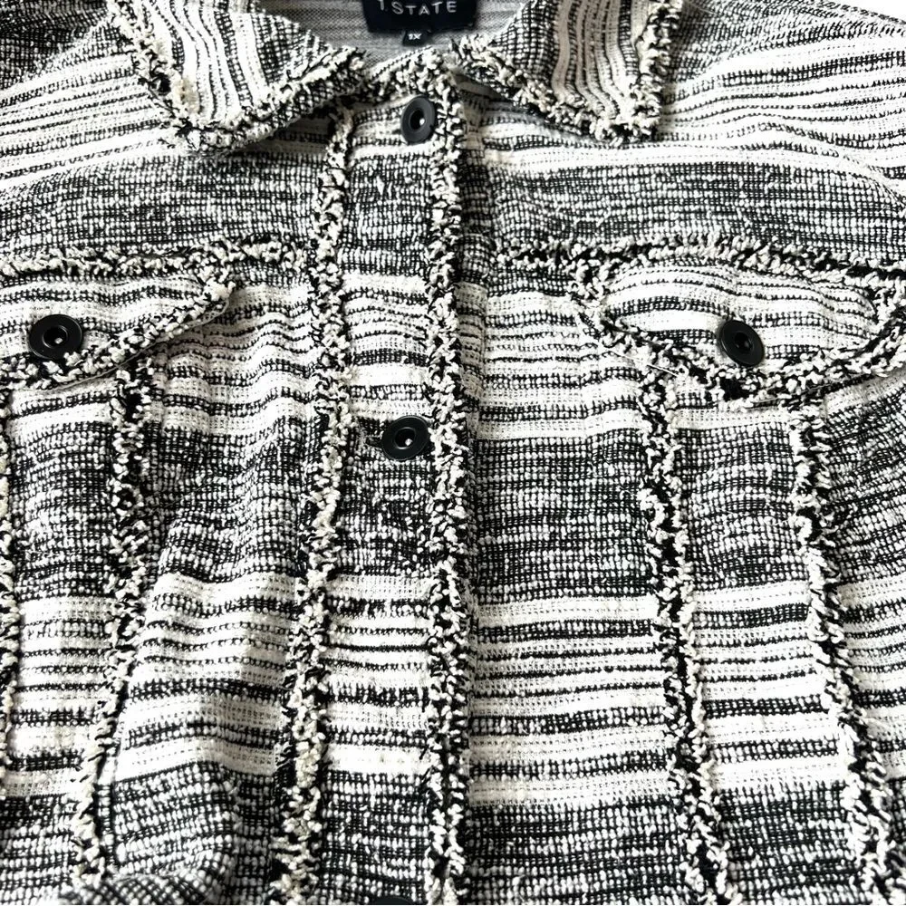 1. State Black Cream Fringe Tweed Button Front Long Sleeve Blazer Jacket